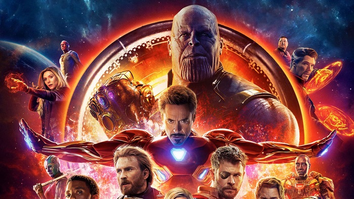 Avengers: Infinity War Poster with Thanos, Iron Man, Thor, Captain America, Doctor Strange, Vision, Scarlet Witch, and Guardians of the Galaxy