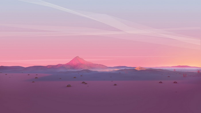 Low poly desert landscape with mountains at sunset