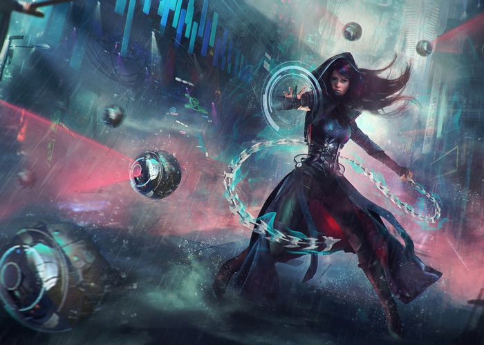Cyberpunk woman with chain weapon and drones