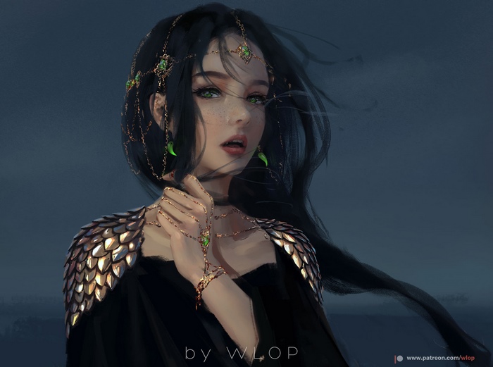 Artwork of a woman with black hair and green eyes