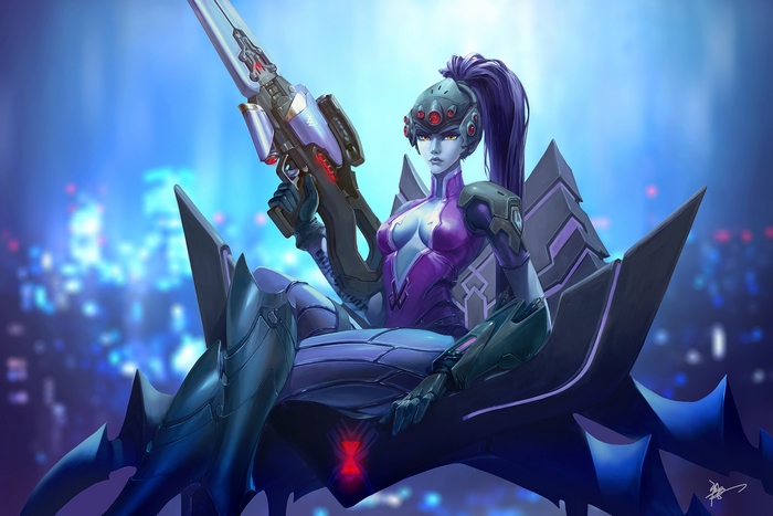 Widowmaker from Overwatch sitting on a throne