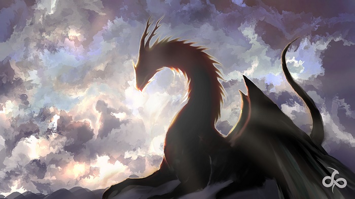 Dragon silhouetted against a cloudy sky