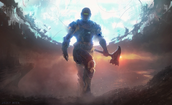 Destiny 2 artwork of a futuristic warrior with an axe