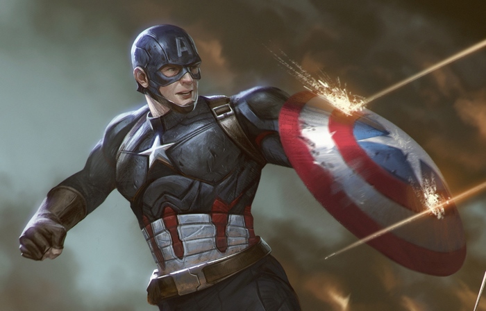 Captain America from Marvel Comics blocking an attack