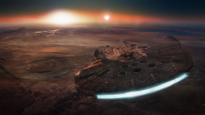 Millennium Falcon flying over a planet at sunset