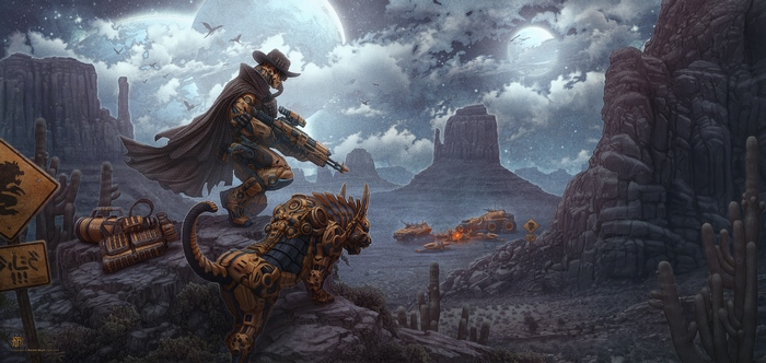 Sci-fi cowboy with robotic creature in desert landscape