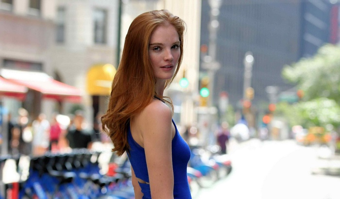 Alexina Graham in Blue Dress on City Street