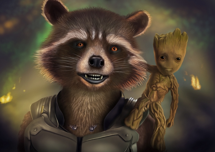 Rocket Raccoon and Baby Groot Artwork 4K