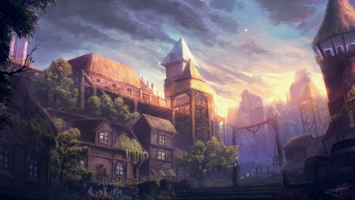 Fantasy city with towers and buildings at sunset