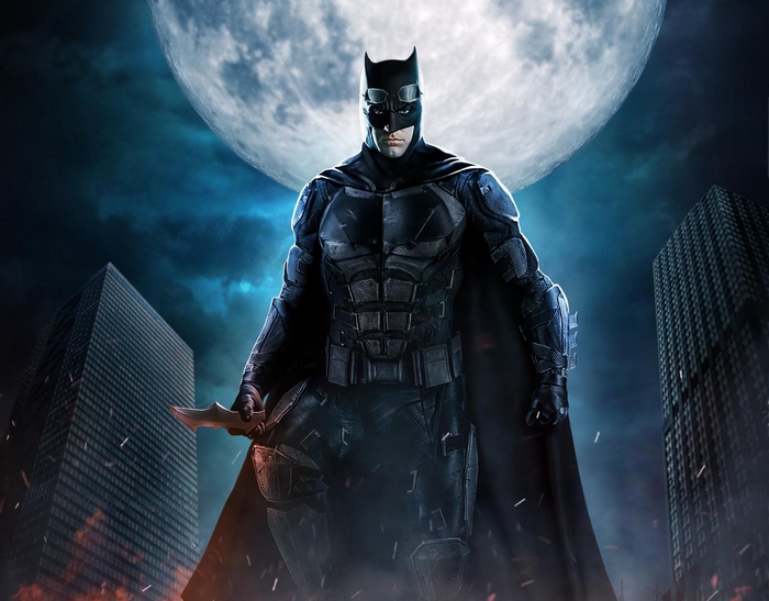 Batman from Justice League in a city at night