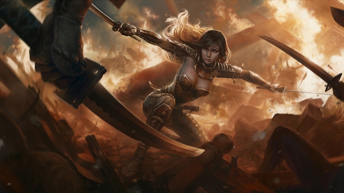 Fantasy warrior woman with swords in battle