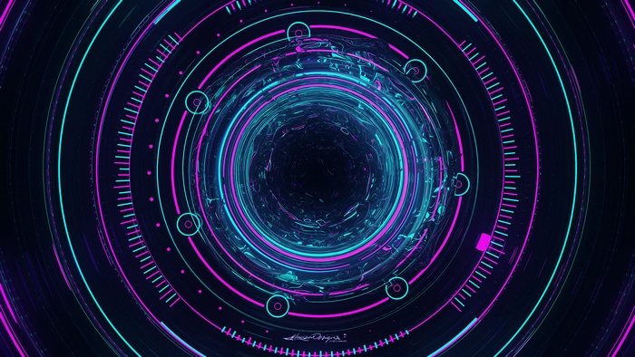 Abstract digital art tunnel with neon rings