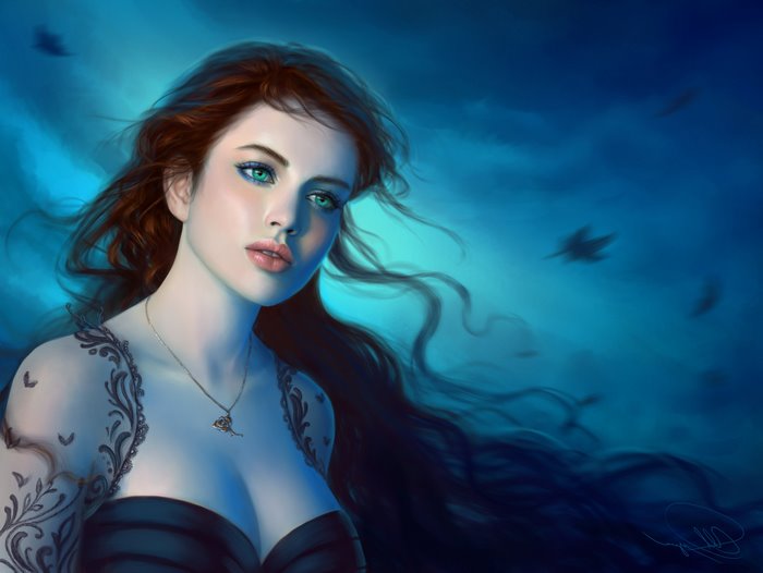 Redhead fantasy girl with blue background digital art 4K