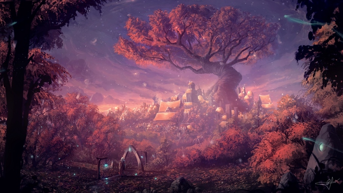 Fantasy forest with ancient tree and village