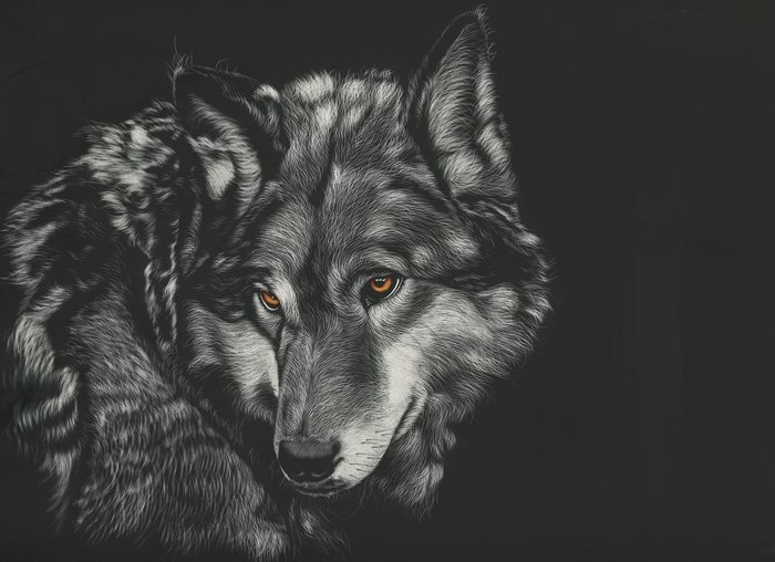 Monochrome painting of a wolf's face