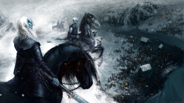 White Walkers on horseback overlooking a village in Game of Thrones