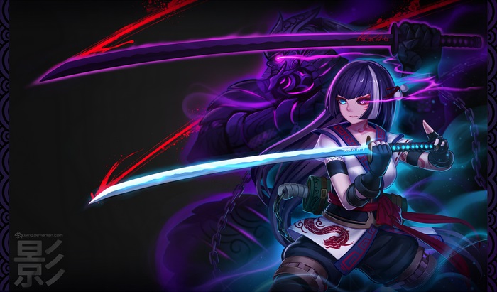Anime girl with swords and shadow warrior