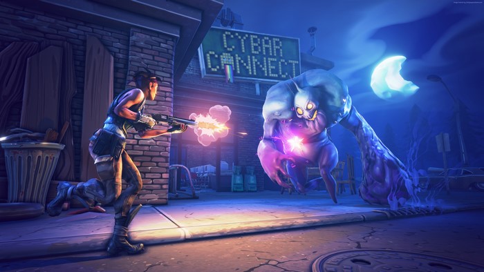 Fortnite character shooting a monster in a city at night