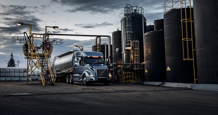 Volvo tanker truck at industrial facility