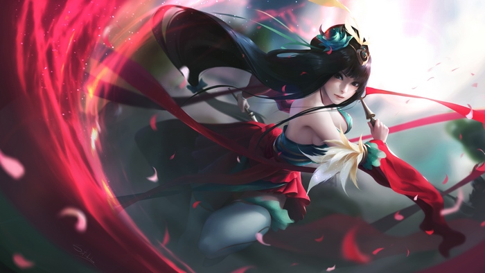 Anime girl with red ribbons and flowers