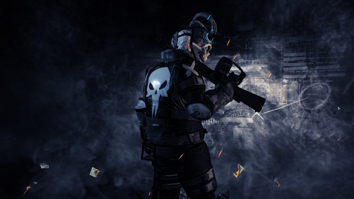 Payday 2 character with skull mask and rifle