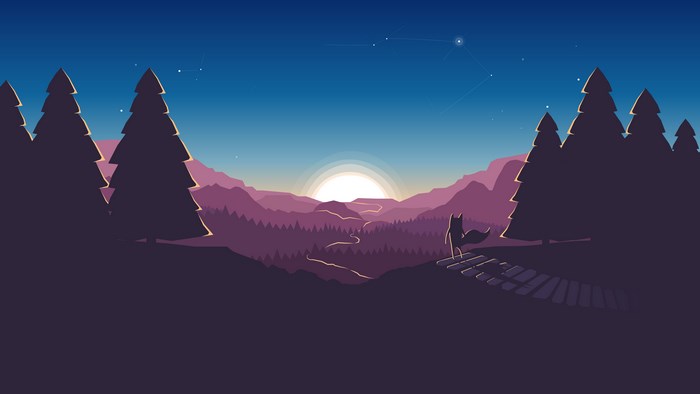 Minimalist digital art of a fox overlooking a valley at sunrise