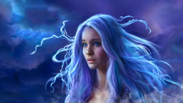 Fantasy Woman with Flowing Blue Hair in Stormy Sky