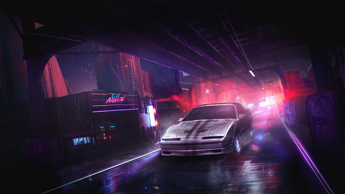 Cyberpunk car driving through neon city at night