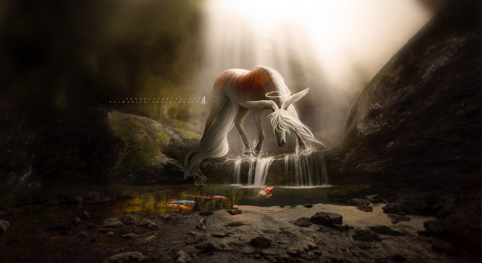 Fantasy creature with wings and halo by a waterfall