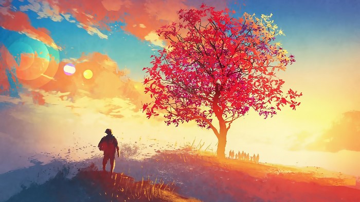 Solitary Figure Near a Radiant Autumn Tree