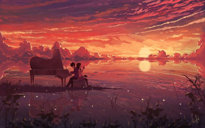 Couple playing piano by the lake at sunset