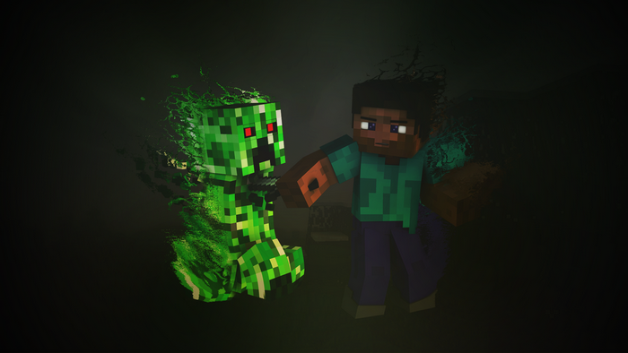 Steve and a disintegrating Creeper from Minecraft