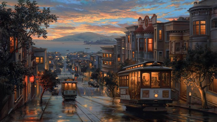 San Francisco Cable Cars at Dusk Painting