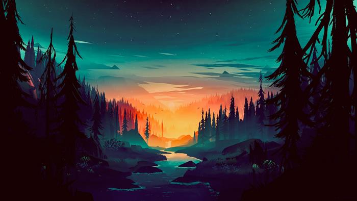 Minimalist digital artwork of a forest landscape at sunset