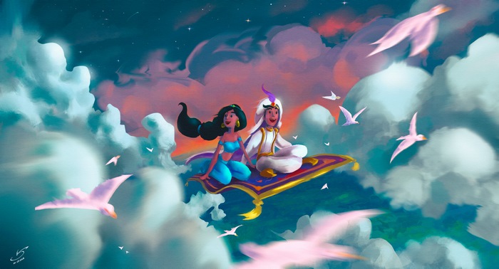 Aladdin and Jasmine flying on a magic carpet