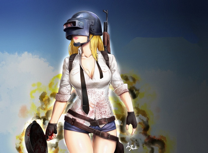 PUBG character with frying pan and rifle