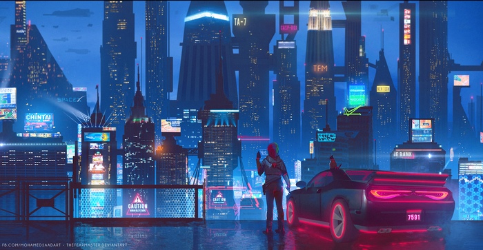 Cyberpunk Cityscape with a Person and a Car