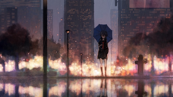 Anime girl with umbrella in the rain at night