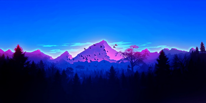 Minimalist digital art of birds flying over mountains