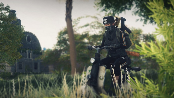 PlayerUnknown's Battlegrounds character on a scooter