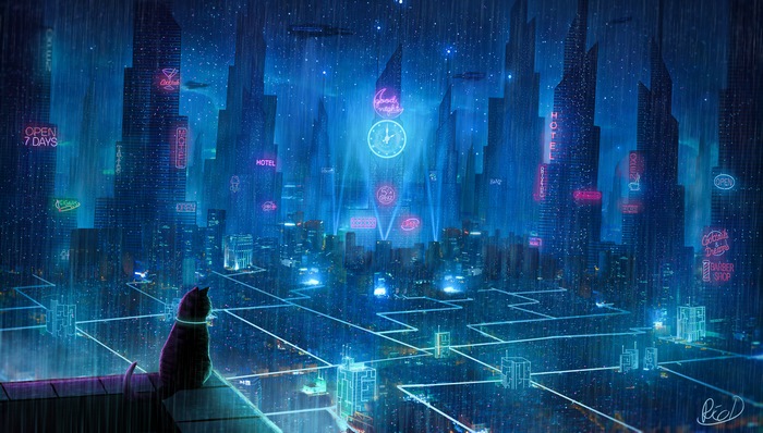 Cyberpunk Cityscape with Cat in the Rain 4K