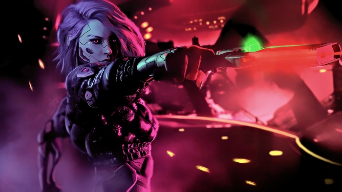 Cyberpunk woman with purple hair holding a gun