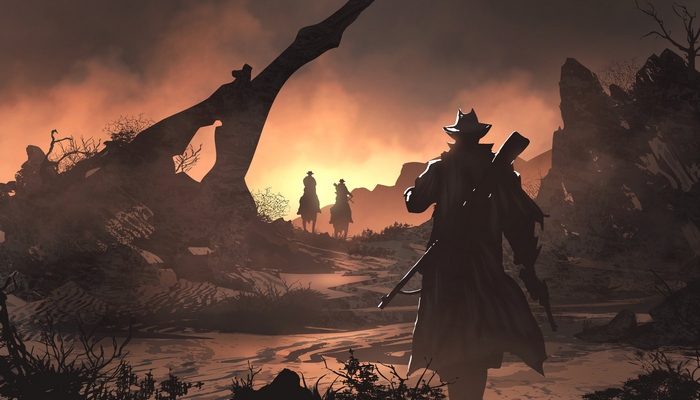 Red Dead Redemption 2 cowboys in a desert landscape