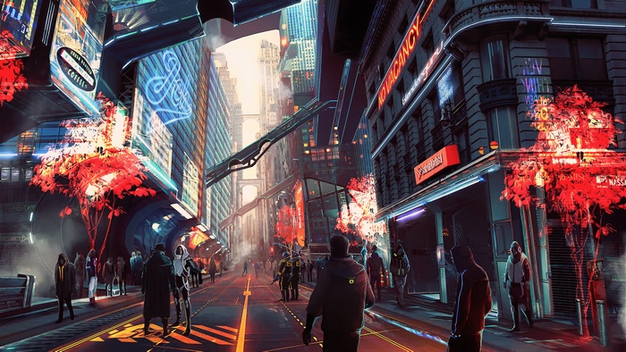 Cyberpunk city street with people and neon signs
