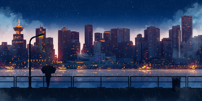 Anime Girl with Umbrella Overlooking Cityscape at Night