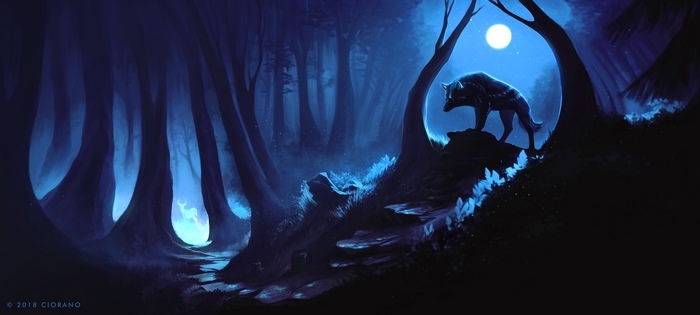 Wolf in a moonlit forest digital art
