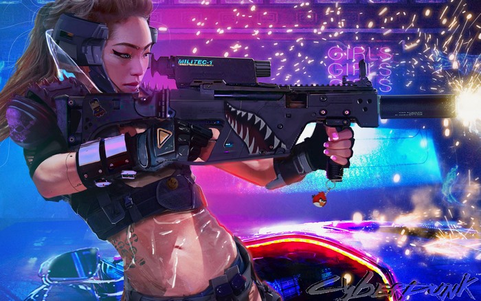 Cyberpunk 2077 Female Shooter in Neon City 4K