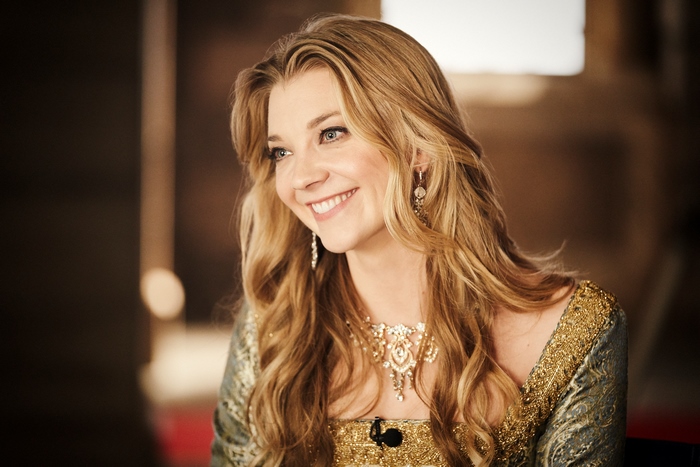 Natalie Dormer Smiling Elegantly in Gold Dress 4K