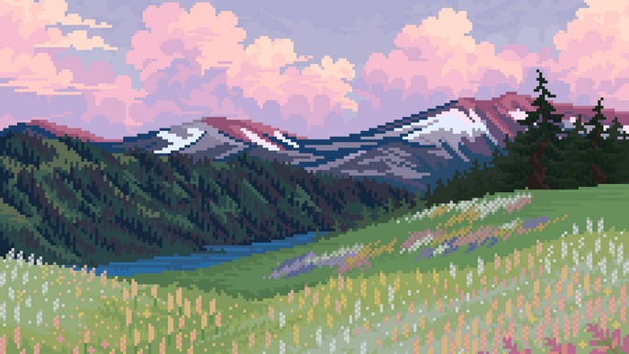 Pixel Art Landscape with Mountains and Meadow