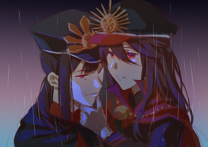 Oda Nobunaga and Oda Nobukatsu from Fate/Grand Order in the rain